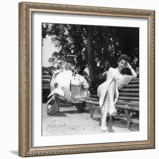 Miranda Martino Reading Seated on a Bench-null-Framed Photographic Print