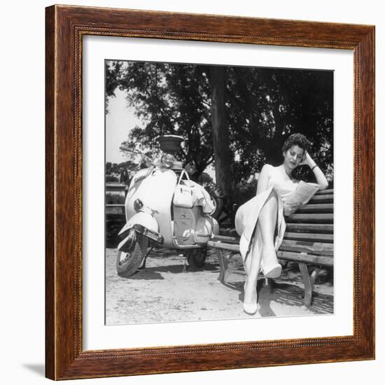 Miranda Martino Reading Seated on a Bench-null-Framed Photographic Print