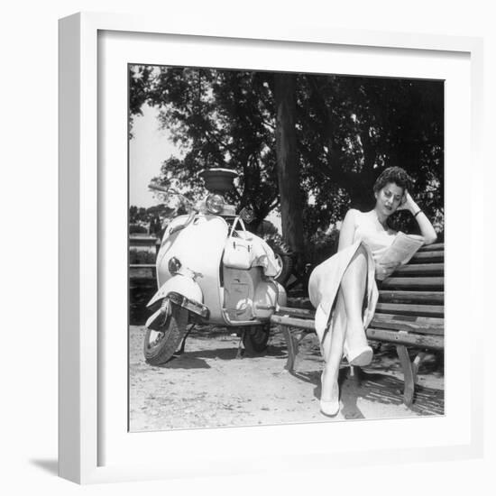 Miranda Martino Reading Seated on a Bench-null-Framed Photographic Print