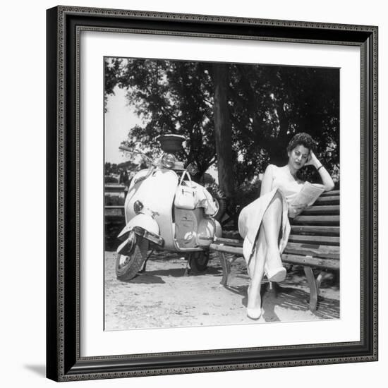 Miranda Martino Reading Seated on a Bench-null-Framed Photographic Print