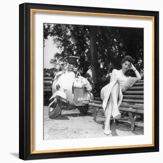 Miranda Martino Reading Seated on a Bench-null-Framed Photographic Print