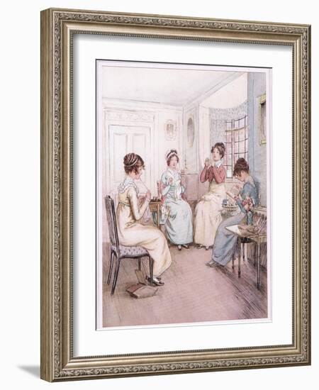 Miss Fanny Is Reading Aloud from the Library Book While Others Sew or Knit-Hugh Thomson-Framed Giclee Print