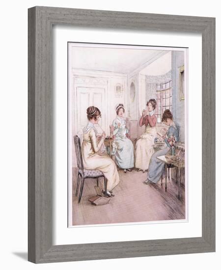 Miss Fanny Is Reading Aloud from the Library Book While Others Sew or Knit-Hugh Thomson-Framed Giclee Print