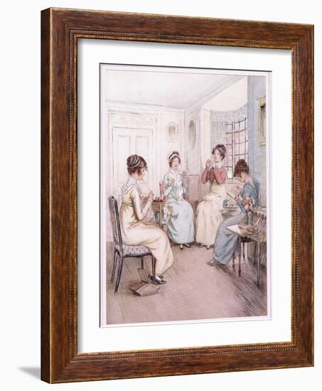 Miss Fanny Is Reading Aloud from the Library Book While Others Sew or Knit-Hugh Thomson-Framed Giclee Print