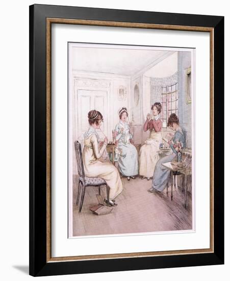 Miss Fanny Is Reading Aloud from the Library Book While Others Sew or Knit-Hugh Thomson-Framed Giclee Print