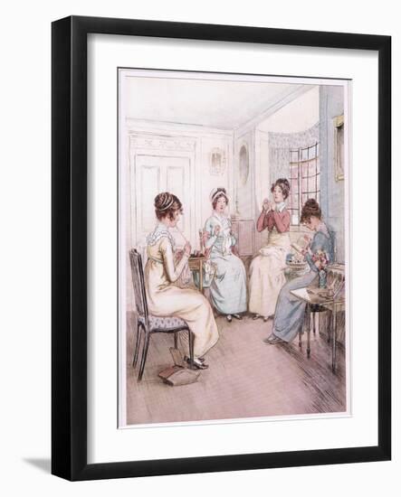 Miss Fanny Is Reading Aloud from the Library Book While Others Sew or Knit-Hugh Thomson-Framed Giclee Print