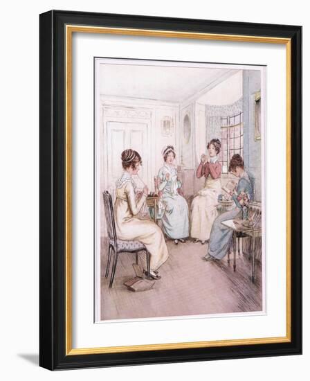 Miss Fanny Is Reading Aloud from the Library Book While Others Sew or Knit-Hugh Thomson-Framed Giclee Print