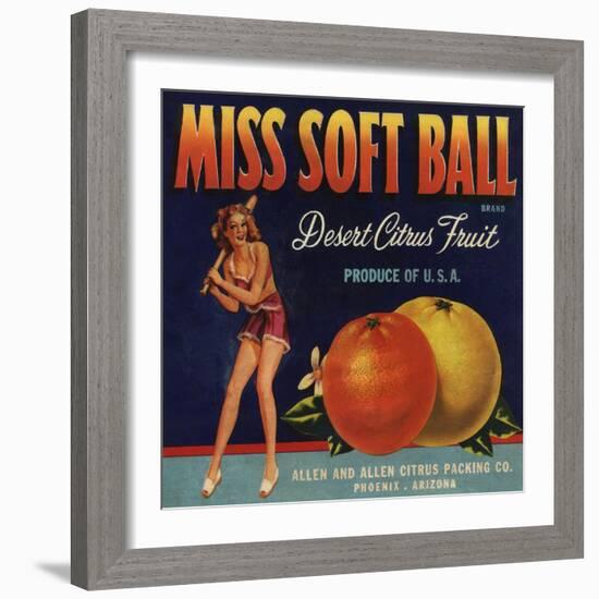 Miss Soft Ball Brand - Phoenix, Arizona - Citrus Crate Label-Lantern Press-Framed Art Print