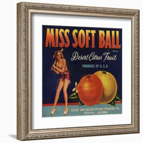 Miss Soft Ball Brand - Phoenix, Arizona - Citrus Crate Label-Lantern Press-Framed Art Print