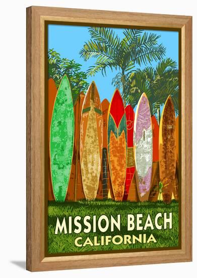 Mission Beach, California - Surfboard Fence-Lantern Press-Framed Stretched Canvas