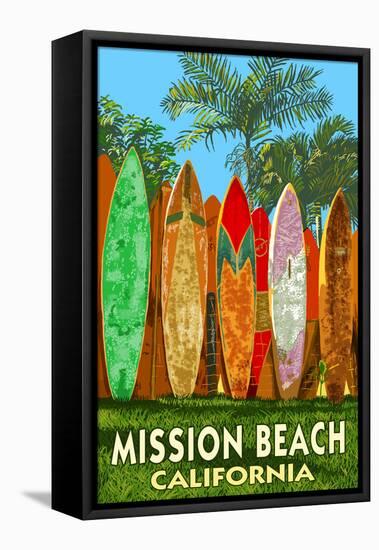 Mission Beach, California - Surfboard Fence-Lantern Press-Framed Stretched Canvas