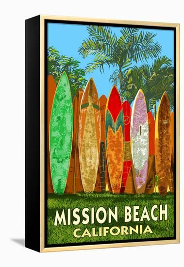 Mission Beach, California - Surfboard Fence-Lantern Press-Framed Stretched Canvas