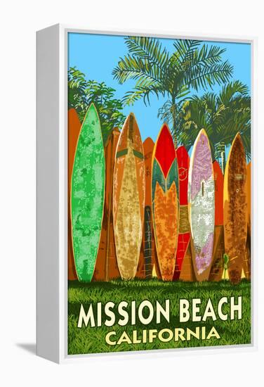 Mission Beach, California - Surfboard Fence-Lantern Press-Framed Stretched Canvas