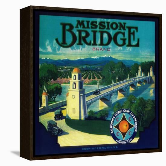 Mission Bridge Orange Label - Riverside, CA-Lantern Press-Framed Stretched Canvas