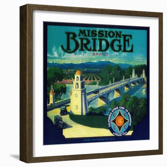 Mission Bridge Orange Label - Riverside, CA-Lantern Press-Framed Art Print