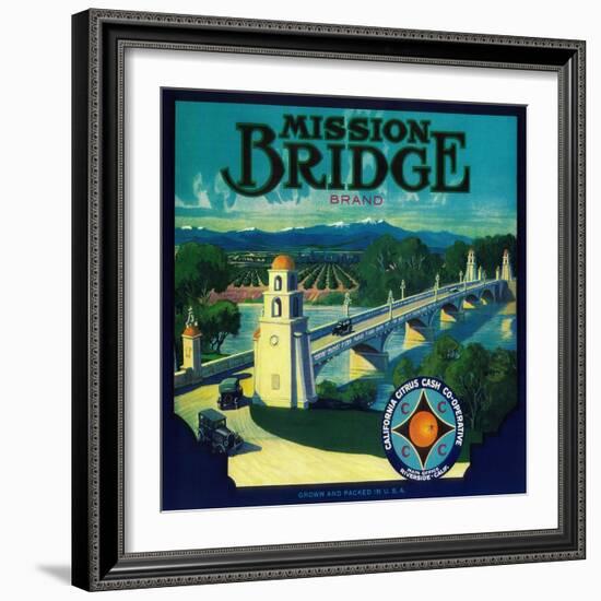 Mission Bridge Orange Label - Riverside, CA-Lantern Press-Framed Art Print