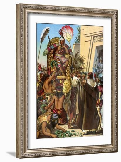 Missionary Father Valverde Addresses the Inca King Atahualpa during the Conquest of Peru, c.1532-null-Framed Giclee Print