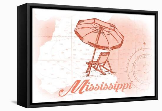 Mississippi - Beach Chair and Umbrella - Coral - Coastal Icon-Lantern Press-Framed Stretched Canvas