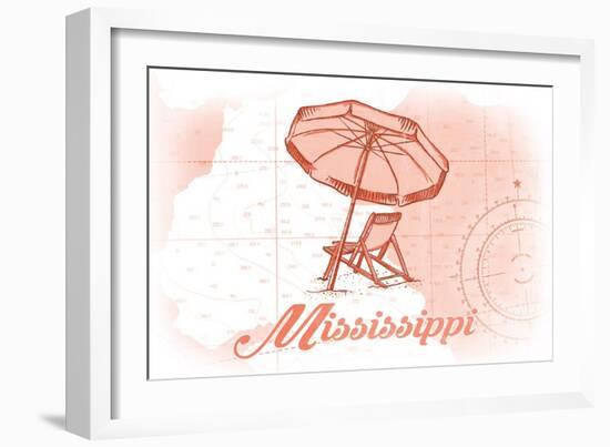 Mississippi - Beach Chair and Umbrella - Coral - Coastal Icon-Lantern Press-Framed Art Print