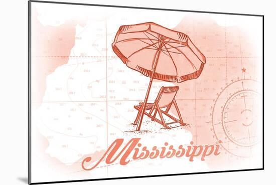 Mississippi - Beach Chair and Umbrella - Coral - Coastal Icon-Lantern Press-Mounted Art Print