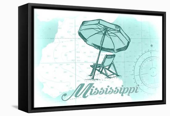 Mississippi - Beach Chair and Umbrella - Teal - Coastal Icon-Lantern Press-Framed Stretched Canvas