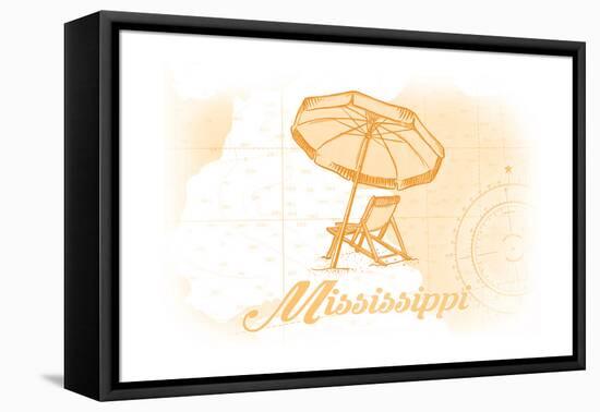 Mississippi - Beach Chair and Umbrella - Yellow - Coastal Icon-Lantern Press-Framed Stretched Canvas