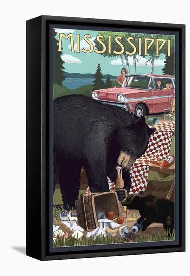 Mississippi - Bear and Picnic Scene-Lantern Press-Framed Stretched Canvas