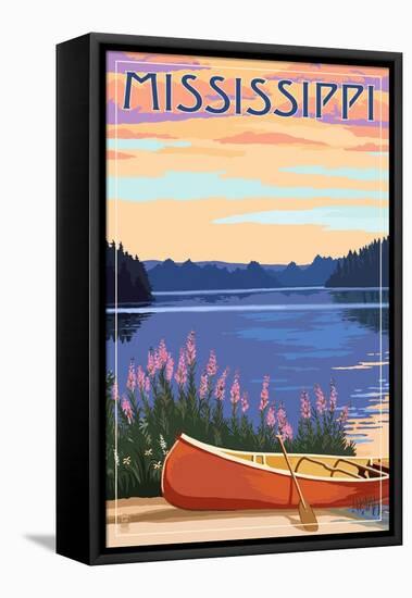 Mississippi - Canoe and Lake-Lantern Press-Framed Stretched Canvas