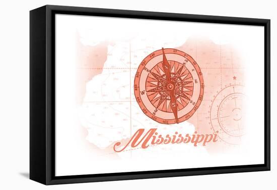 Mississippi - Compass - Coral - Coastal Icon-Lantern Press-Framed Stretched Canvas