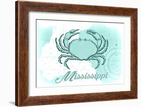 Mississippi - Crab - Teal - Coastal Icon-Lantern Press-Framed Art Print