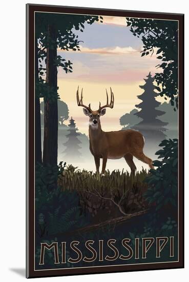 Mississippi - Deer and Sunrise-Lantern Press-Mounted Art Print