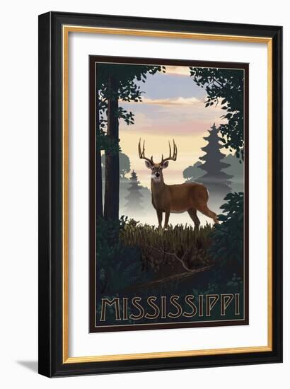 Mississippi - Deer and Sunrise-Lantern Press-Framed Art Print