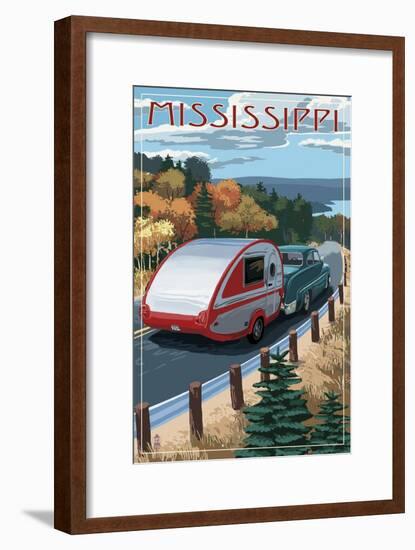 Mississippi - Retro Camper on Road-Lantern Press-Framed Art Print