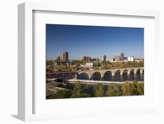 Mississippi River and City Skyline, Minneapolis, Minnesota, USA-Walter Bibikow-Framed Photographic Print