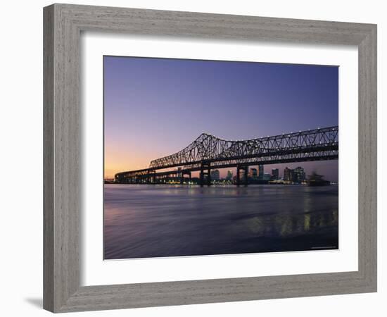 Mississippi River Bridge in the Evening and City Beyond, New Orleans, Louisiana-Charles Bowman-Framed Photographic Print