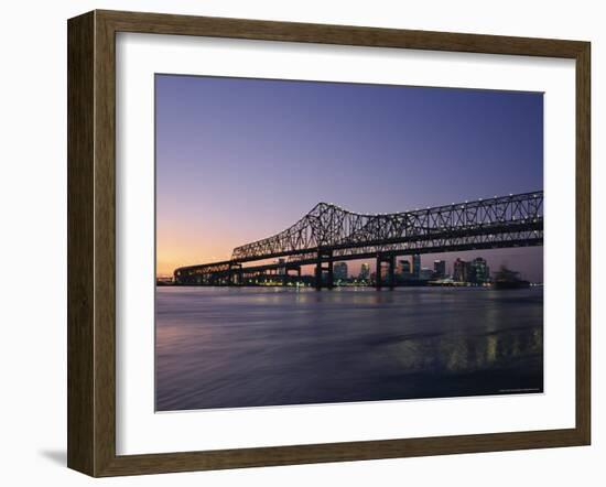 Mississippi River Bridge in the Evening and City Beyond, New Orleans, Louisiana-Charles Bowman-Framed Photographic Print