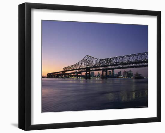 Mississippi River Bridge in the Evening and City Beyond, New Orleans, Louisiana-Charles Bowman-Framed Photographic Print