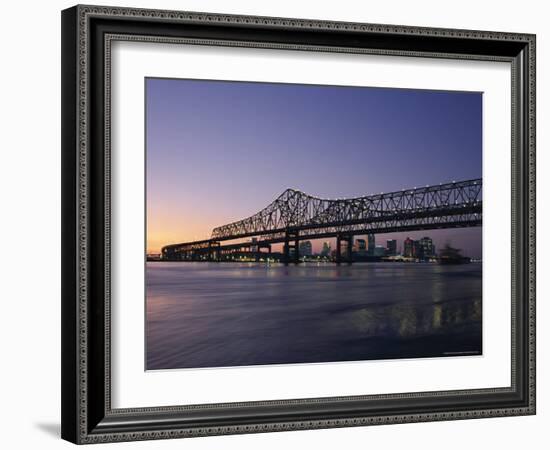 Mississippi River Bridge in the Evening and City Beyond, New Orleans, Louisiana-Charles Bowman-Framed Photographic Print