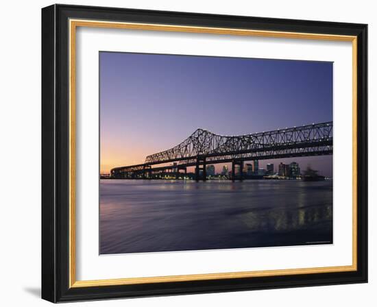 Mississippi River Bridge in the Evening and City Beyond, New Orleans, Louisiana-Charles Bowman-Framed Photographic Print