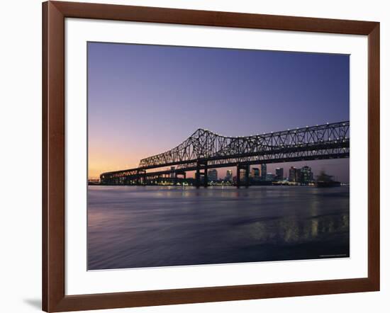 Mississippi River Bridge in the Evening and City Beyond, New Orleans, Louisiana-Charles Bowman-Framed Photographic Print