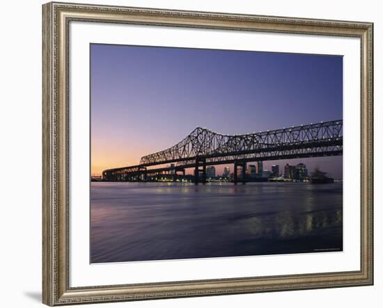 Mississippi River Bridge in the Evening and City Beyond, New Orleans, Louisiana-Charles Bowman-Framed Photographic Print