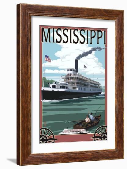 Mississippi - Riverboat and Rowboat-Lantern Press-Framed Art Print