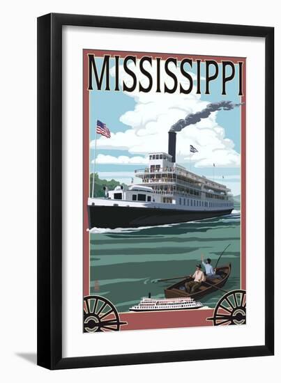 Mississippi - Riverboat and Rowboat-Lantern Press-Framed Art Print