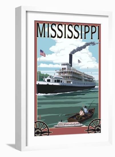 Mississippi - Riverboat and Rowboat-Lantern Press-Framed Art Print