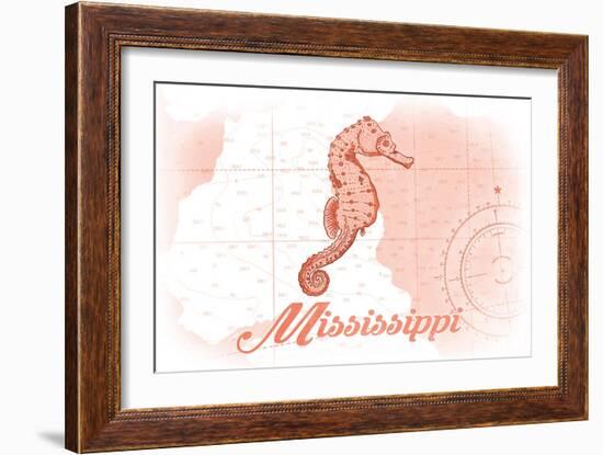 Mississippi - Seahorse - Coral - Coastal Icon-Lantern Press-Framed Premium Giclee Print