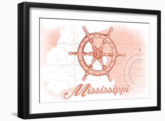 Mississippi - Ship Wheel - Coral - Coastal Icon-Lantern Press-Framed Art Print