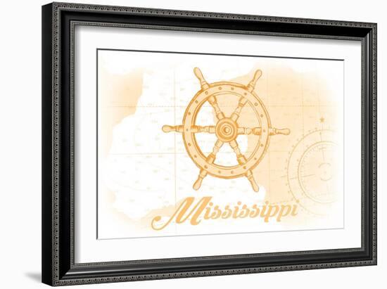 Mississippi - Ship Wheel - Yellow - Coastal Icon-Lantern Press-Framed Art Print