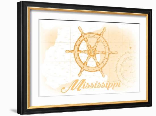 Mississippi - Ship Wheel - Yellow - Coastal Icon-Lantern Press-Framed Art Print