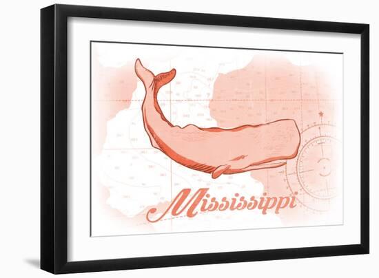 Mississippi - Whale - Coral - Coastal Icon-Lantern Press-Framed Art Print