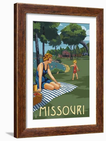 Missouri - Lake and Picnic Scene-Lantern Press-Framed Art Print